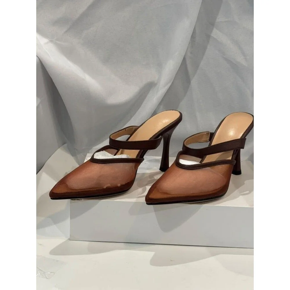 Women’s Brown Solid Pointed Toe Slip On Mule Stiletto Heels Straps 7.5 NWB